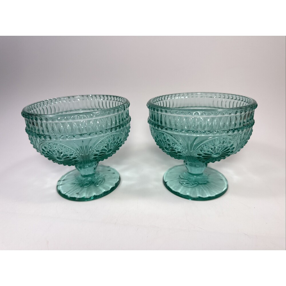 2 Pioneer Woman Adeline Turquoise Teal Glass Footed Dessert Compote Cup Bowl K1
